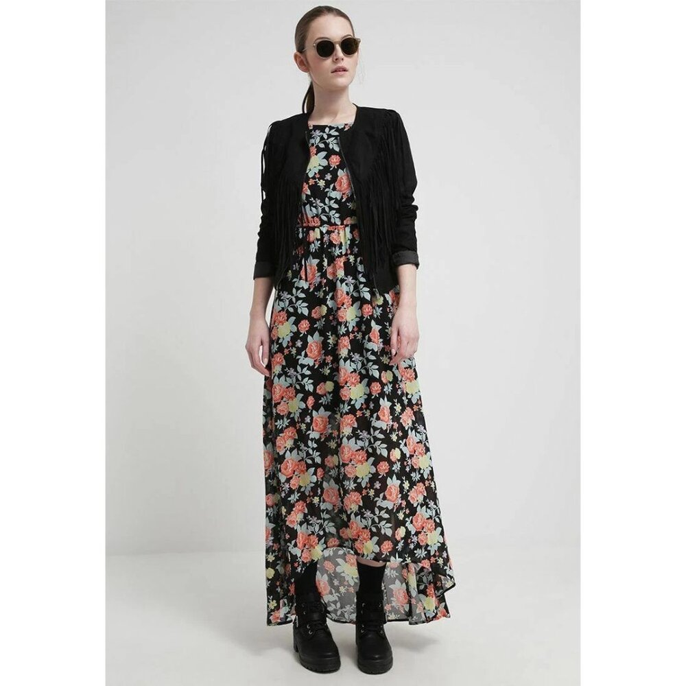 Tom Tailor Denim Floral Printed Long Maxi Dress Black Asymmetrical S NEW 215855